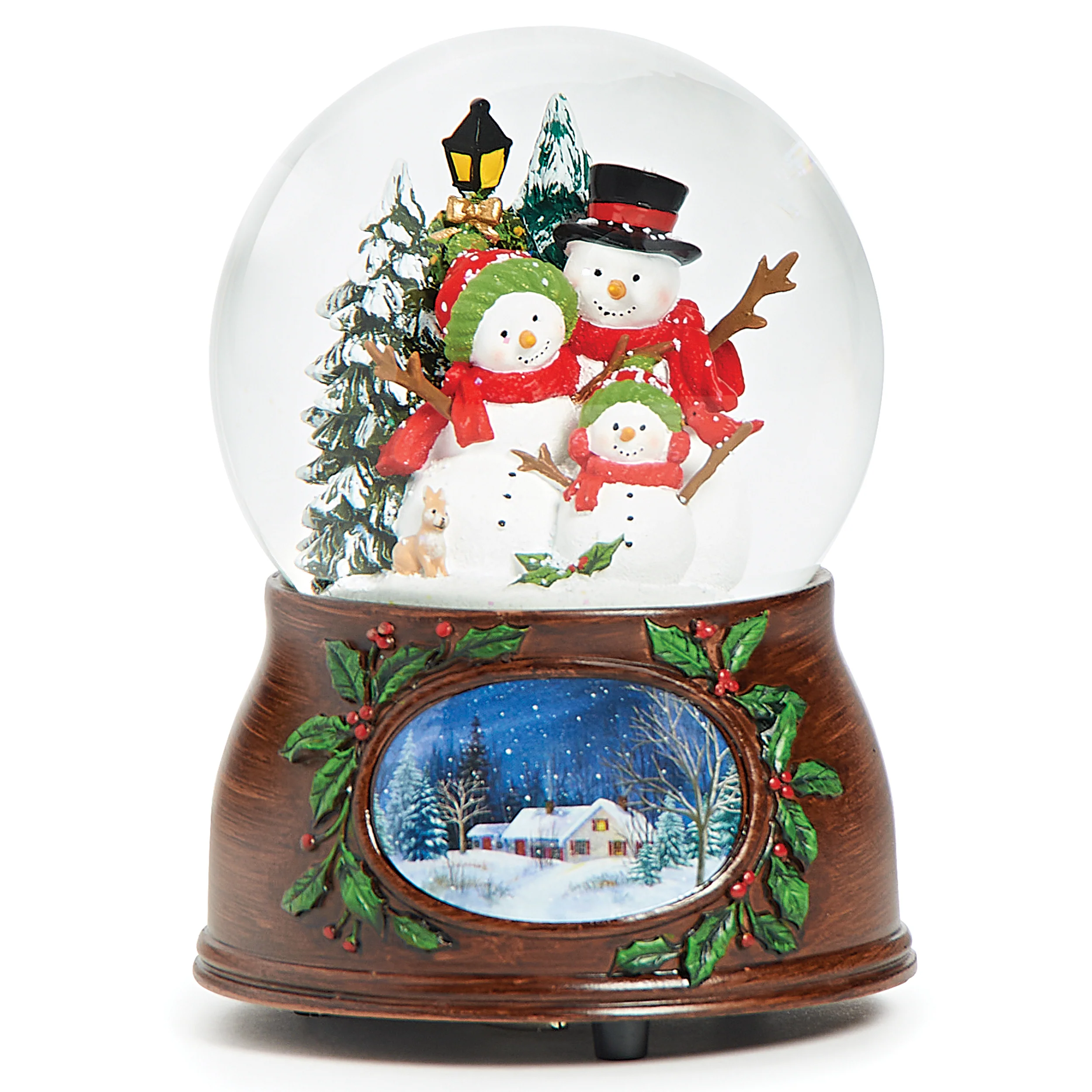 Glitterdome Musical Snowman Family with Antique Base - "We Wish You a Merry Christmas" Tune
