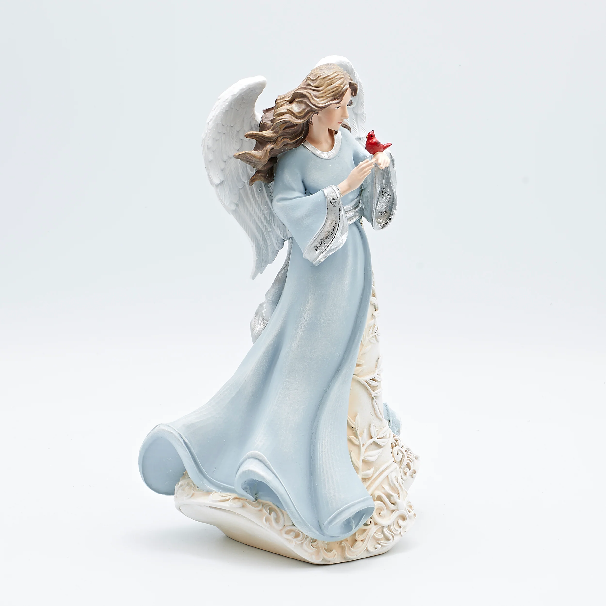 Angel with Leaf Pattern Blue Dress Holding Cardinal Figure - Image 2