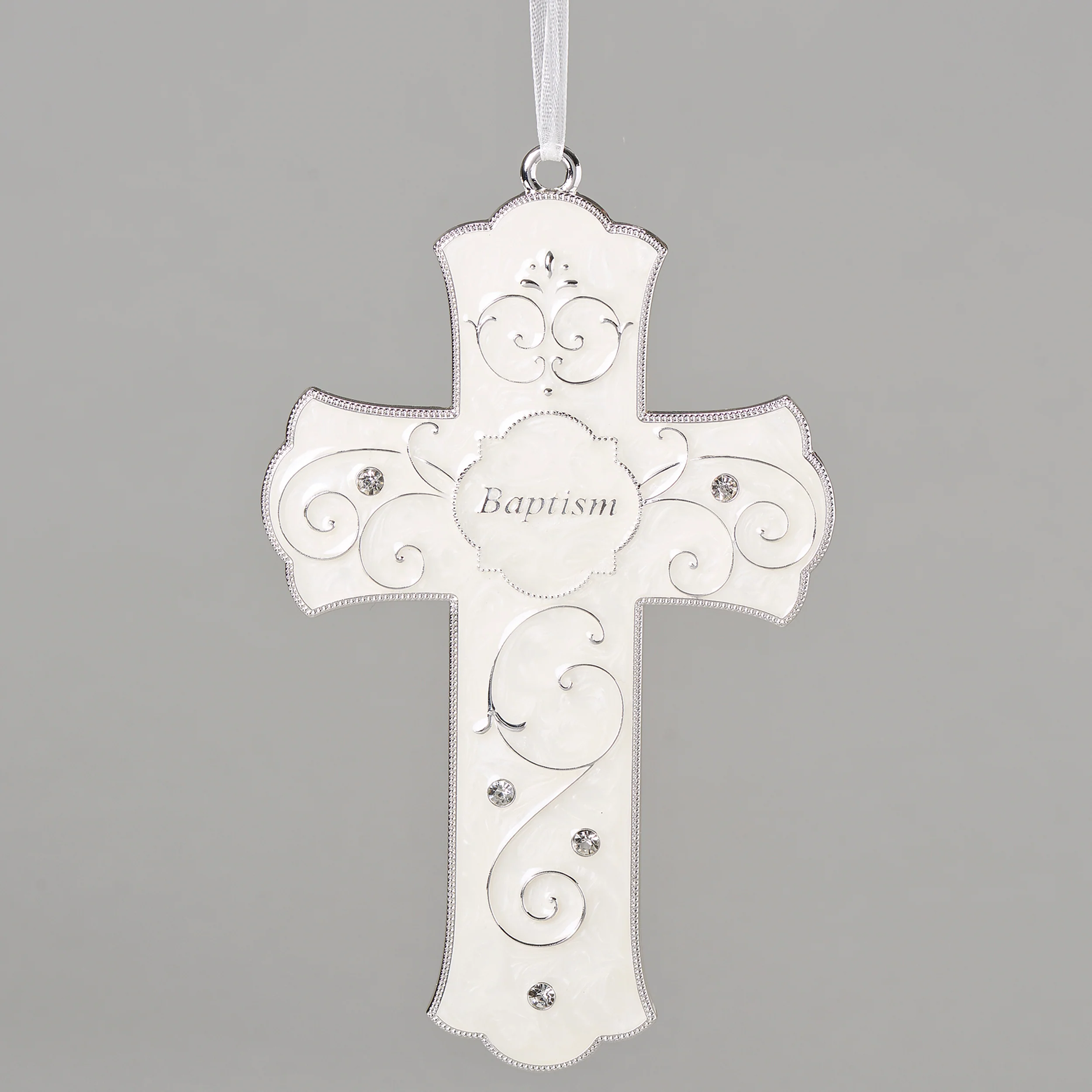 Caroline Collection Baptism Cross with Pearlescent Scrollwork
