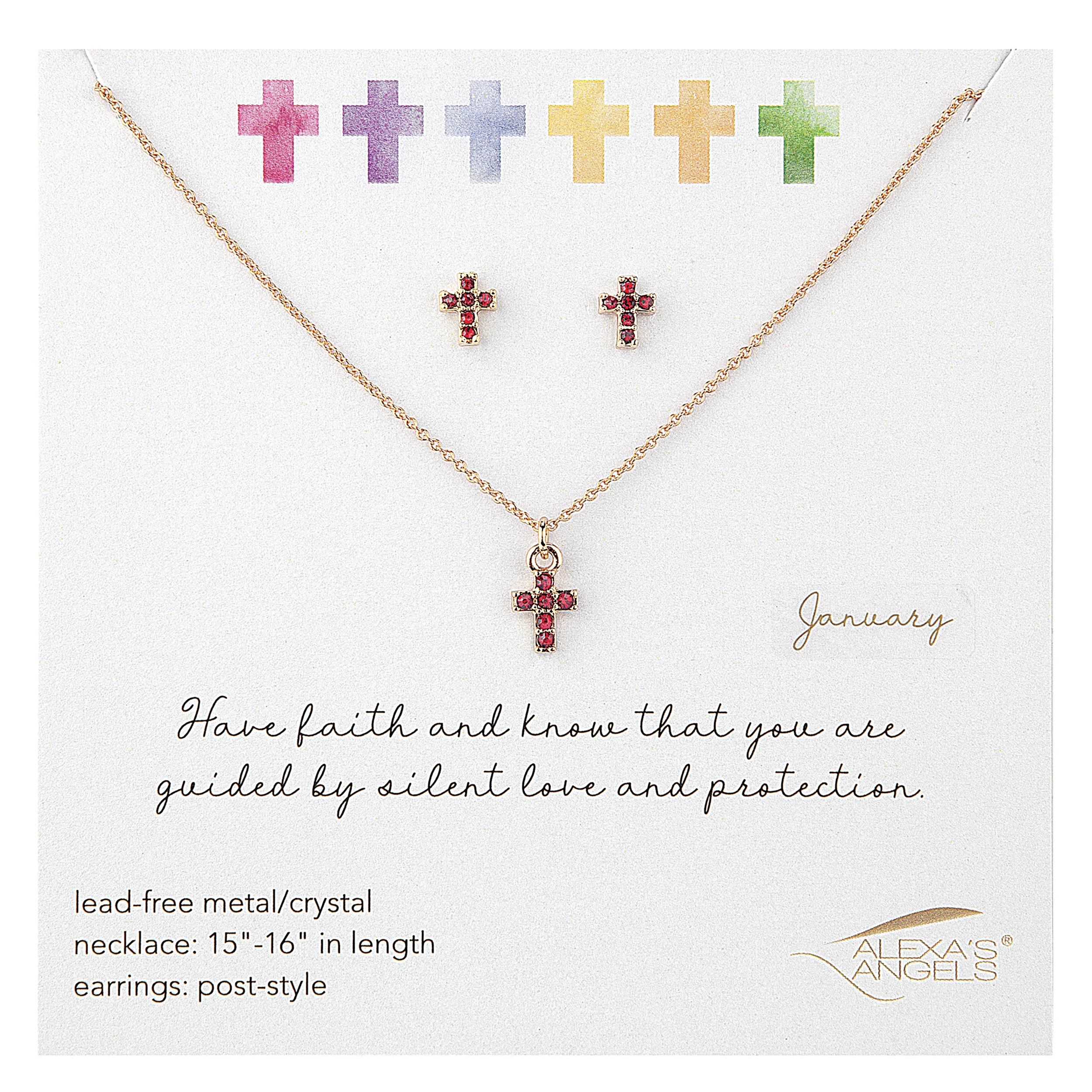 Alexa's Angels Children's Birthstone Cross Necklace & Earring Set
