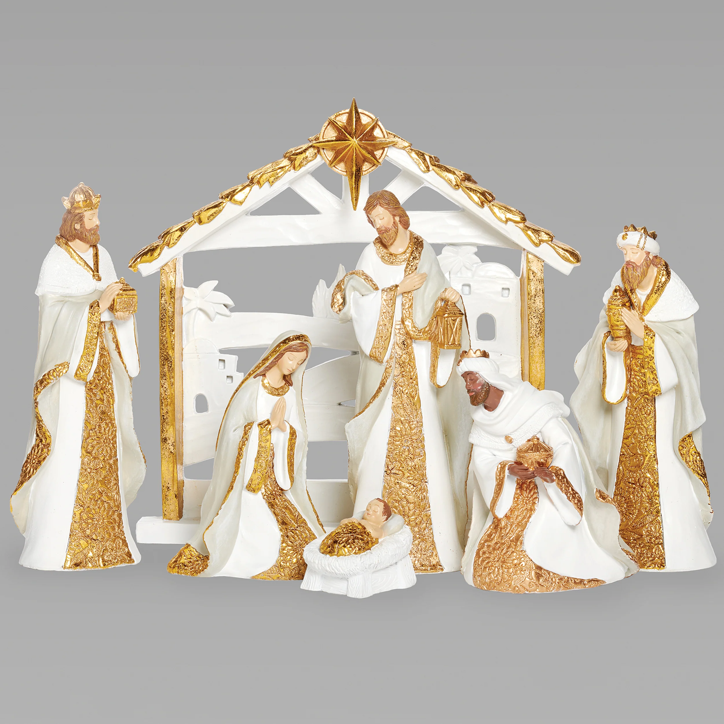 Classic White & Gold Nativity Set with Stable Backdrop