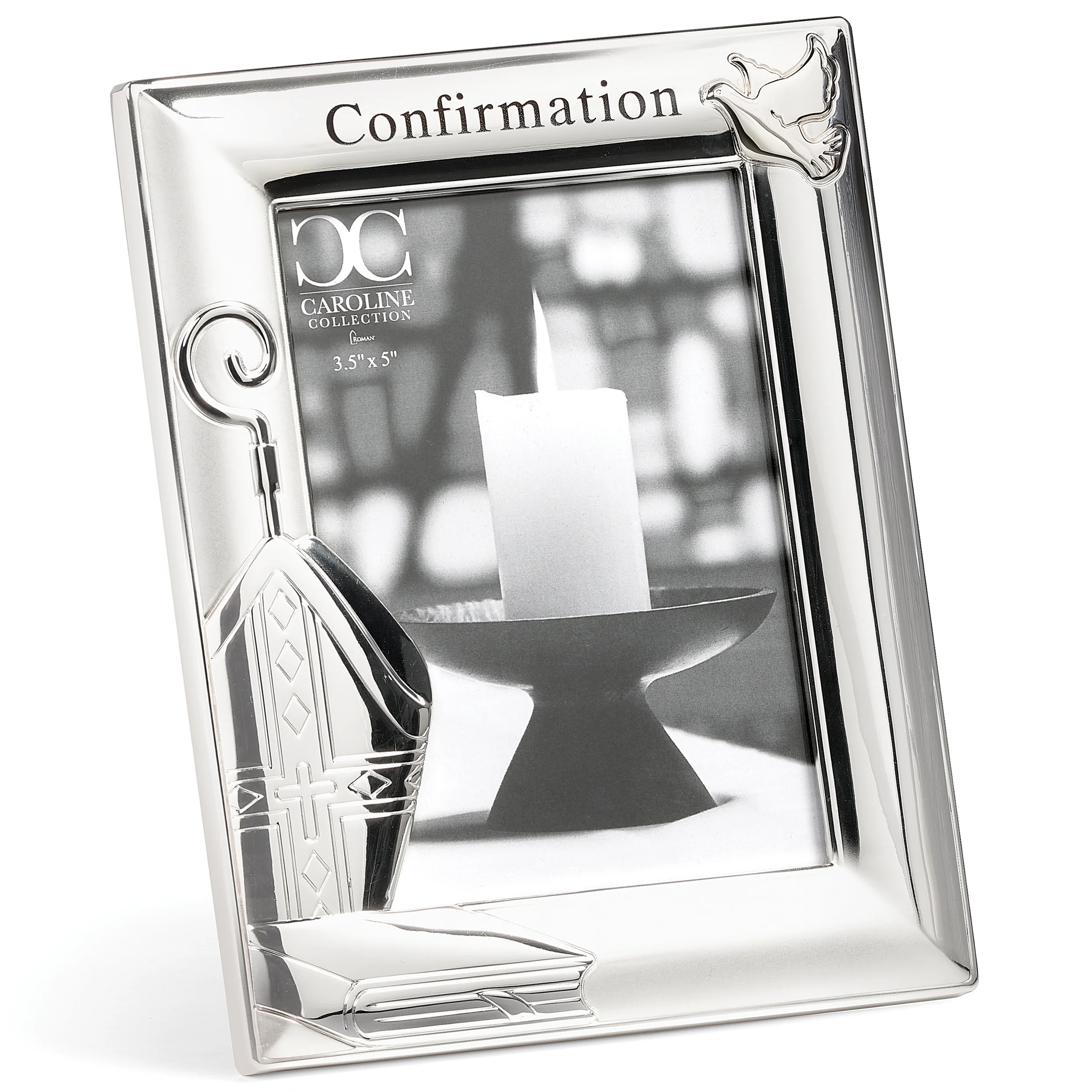 Caroline Collection Silver Confirmation Frame with Bishop’s Miter & Dove
