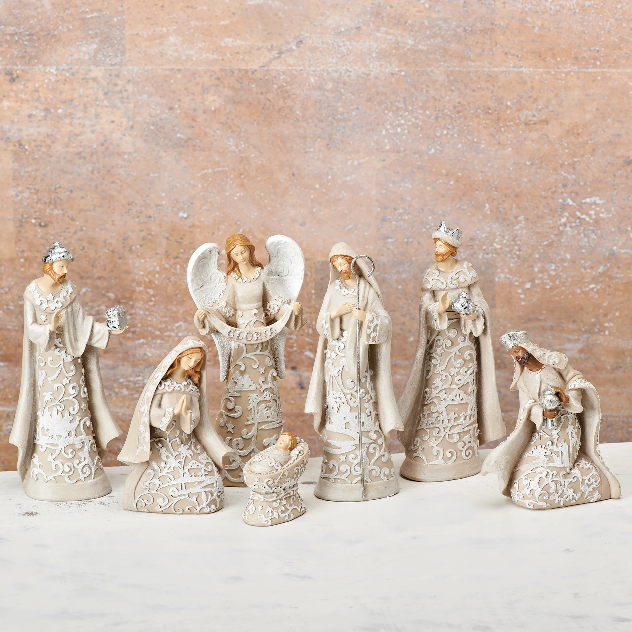 Elegant Ivory Nativity Set with Scrollwork Detail
