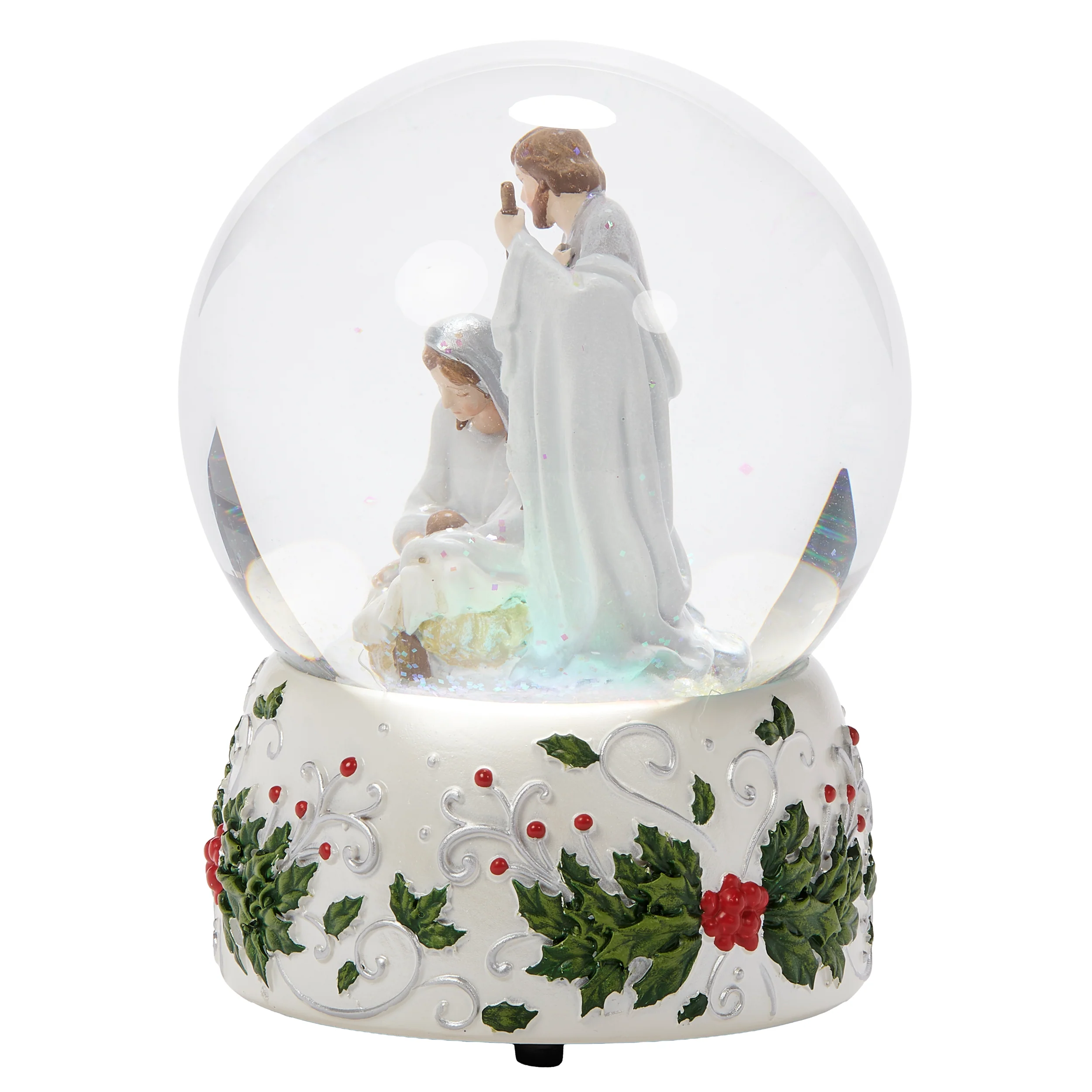 Glitterdome Holy Family with Holly Berry Silver Swirl - "Silent Night" Tune - Image 2