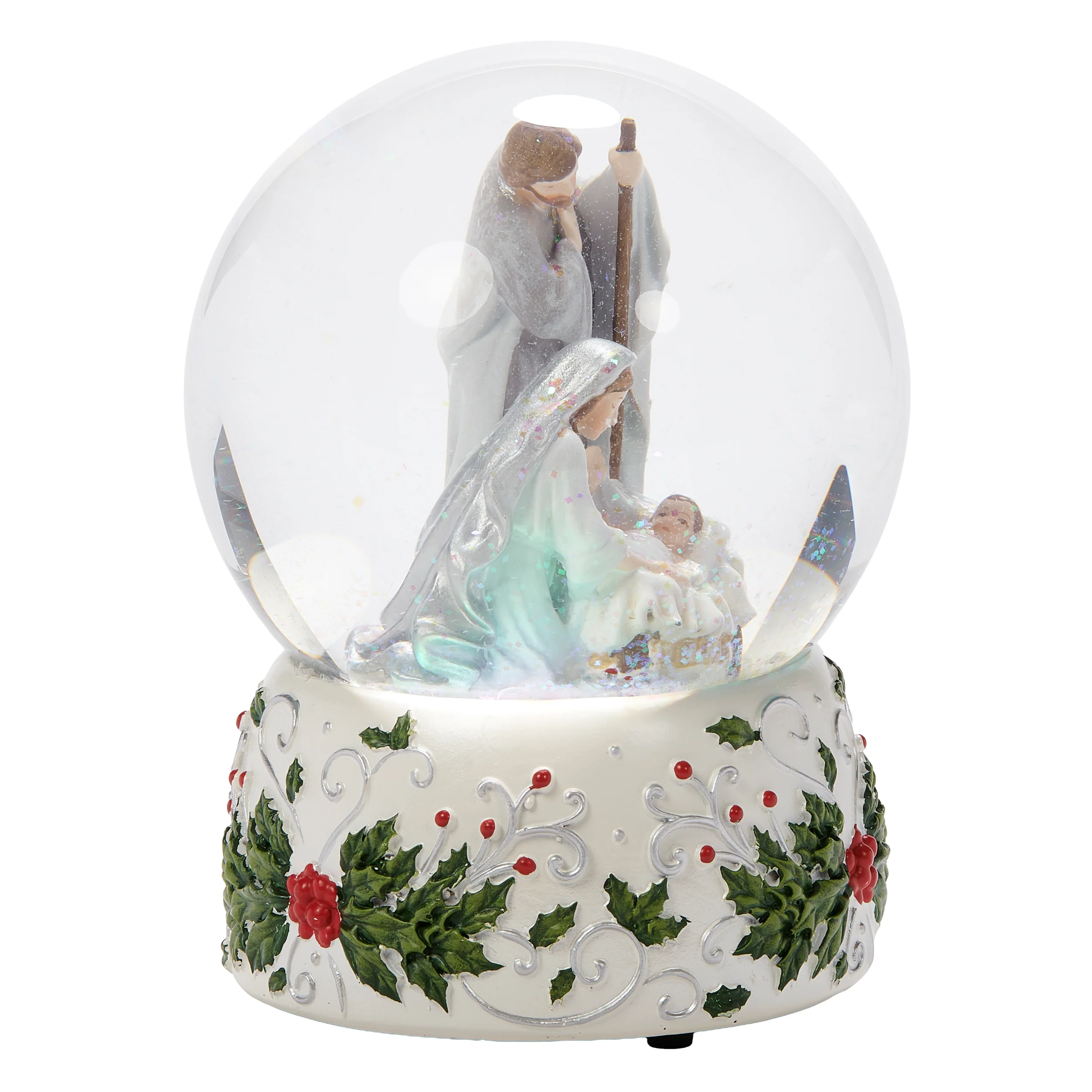 Glitterdome Holy Family with Holly Berry Silver Swirl - "Silent Night" Tune - Image 4
