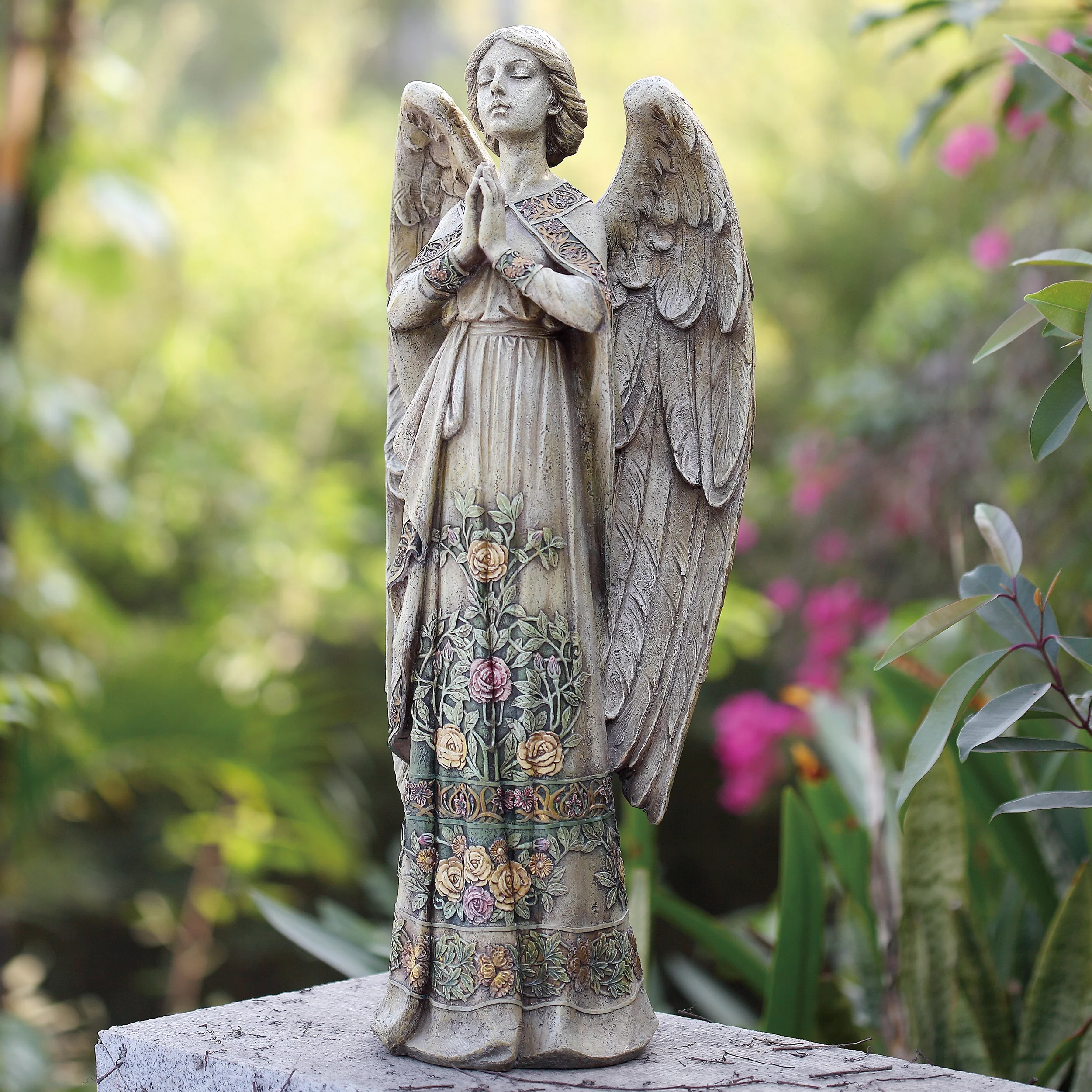 Joseph's Studio Praying Angel in Rose-Patterned Gown Garden Statue