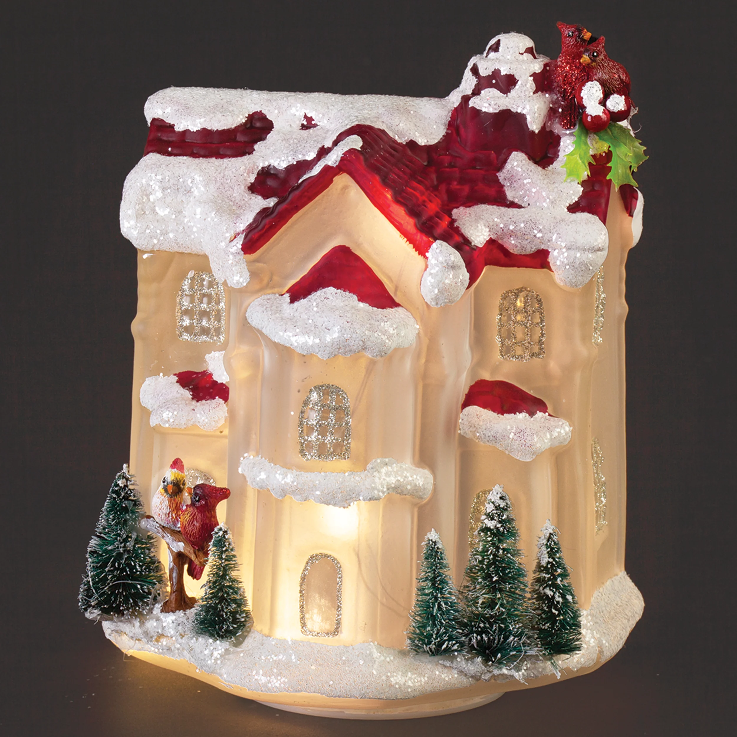 Lighted Glass House with Cardinals