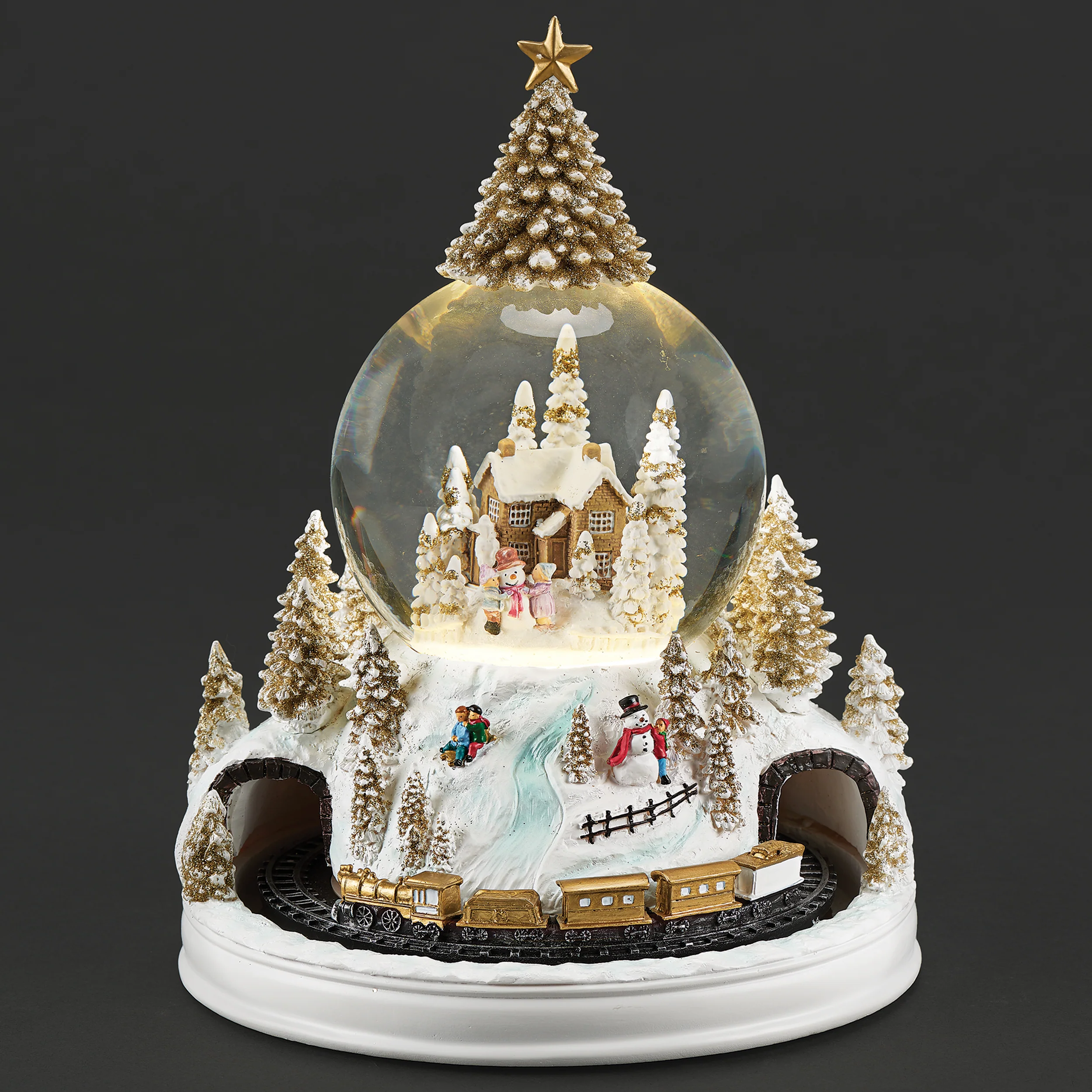 Glitterdome Lighted Gold Village with Rotating Train - "Jingle Bells" Tune