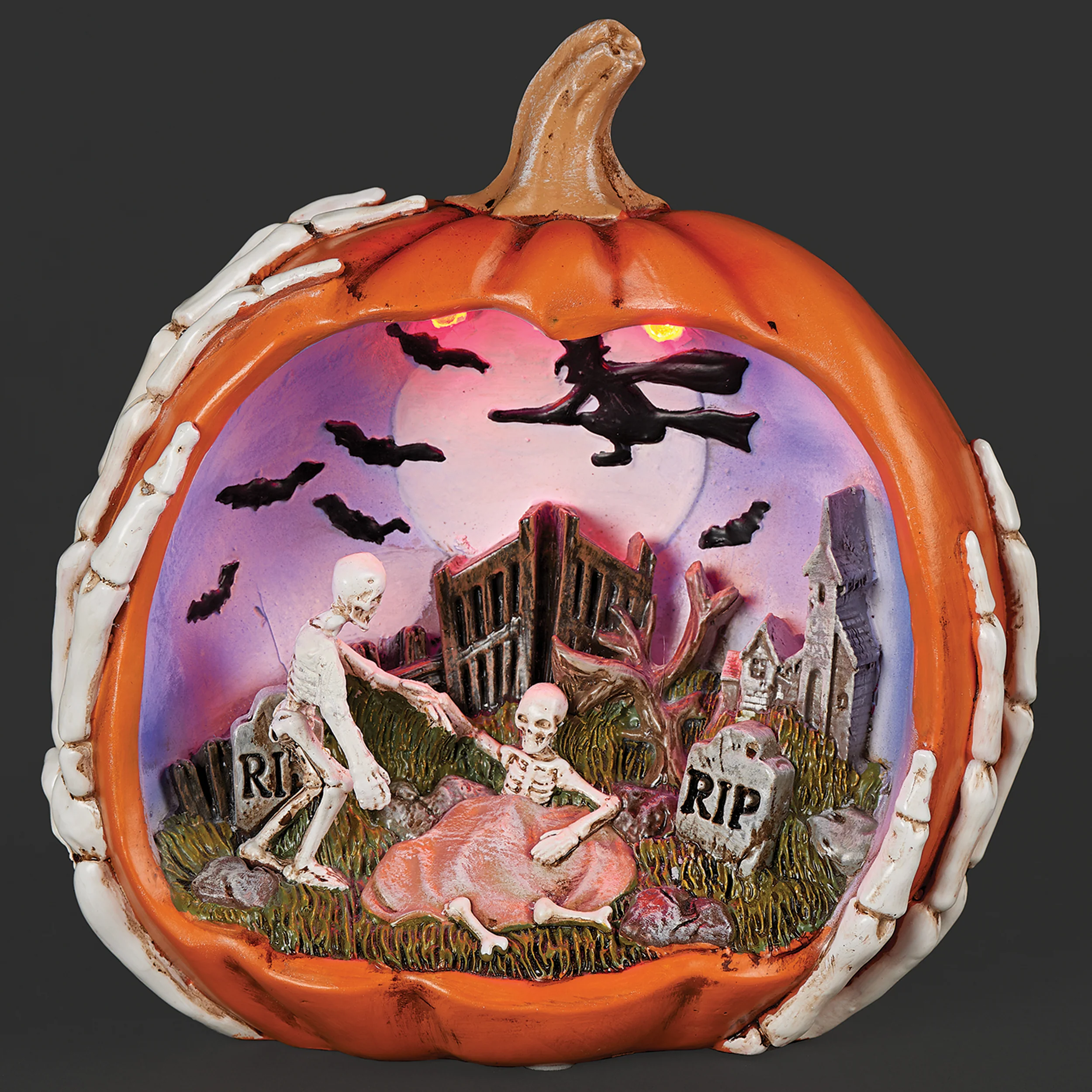 Lighted Orange Pumpkin with Graveyard Scene