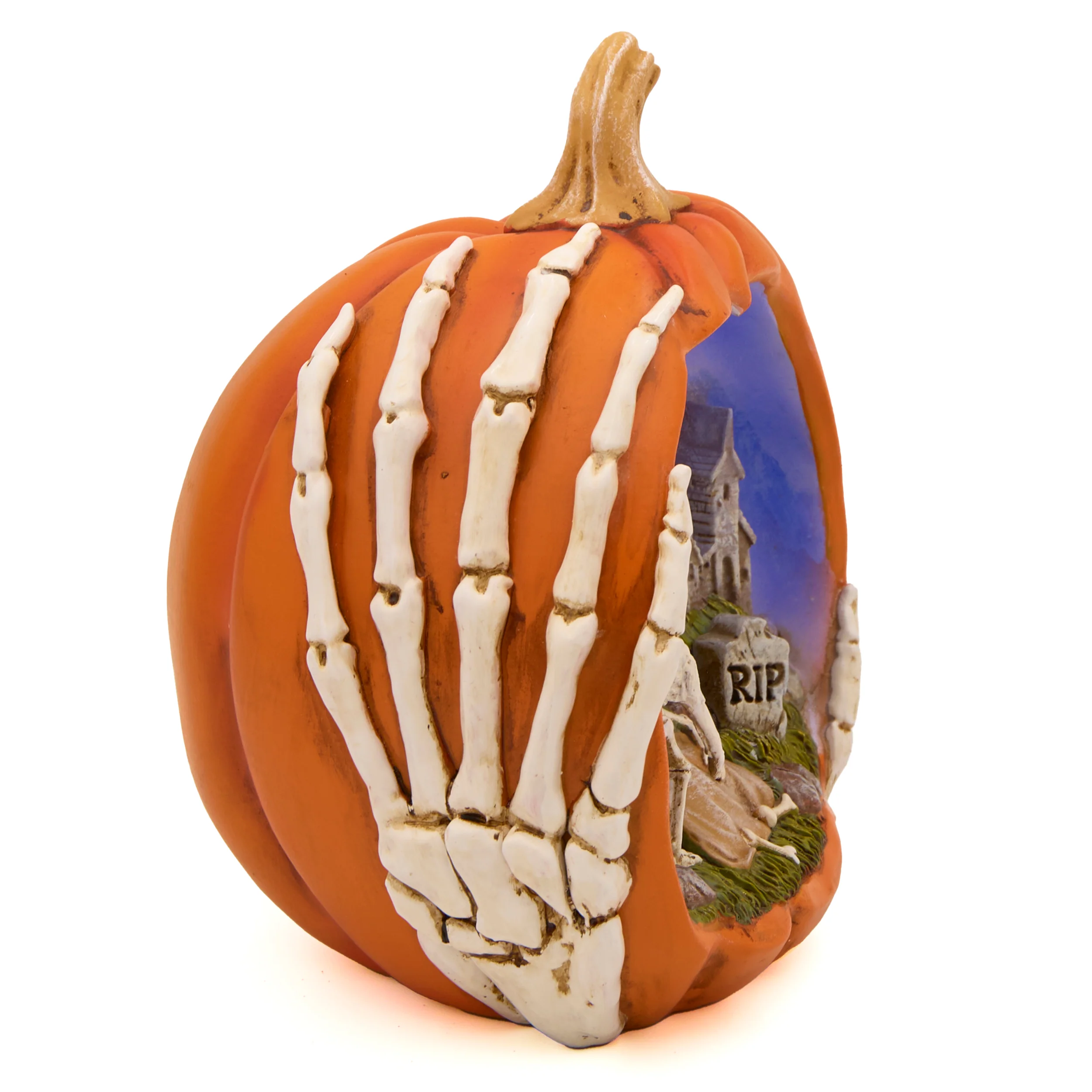 Lighted Orange Pumpkin with Graveyard Scene - Image 2