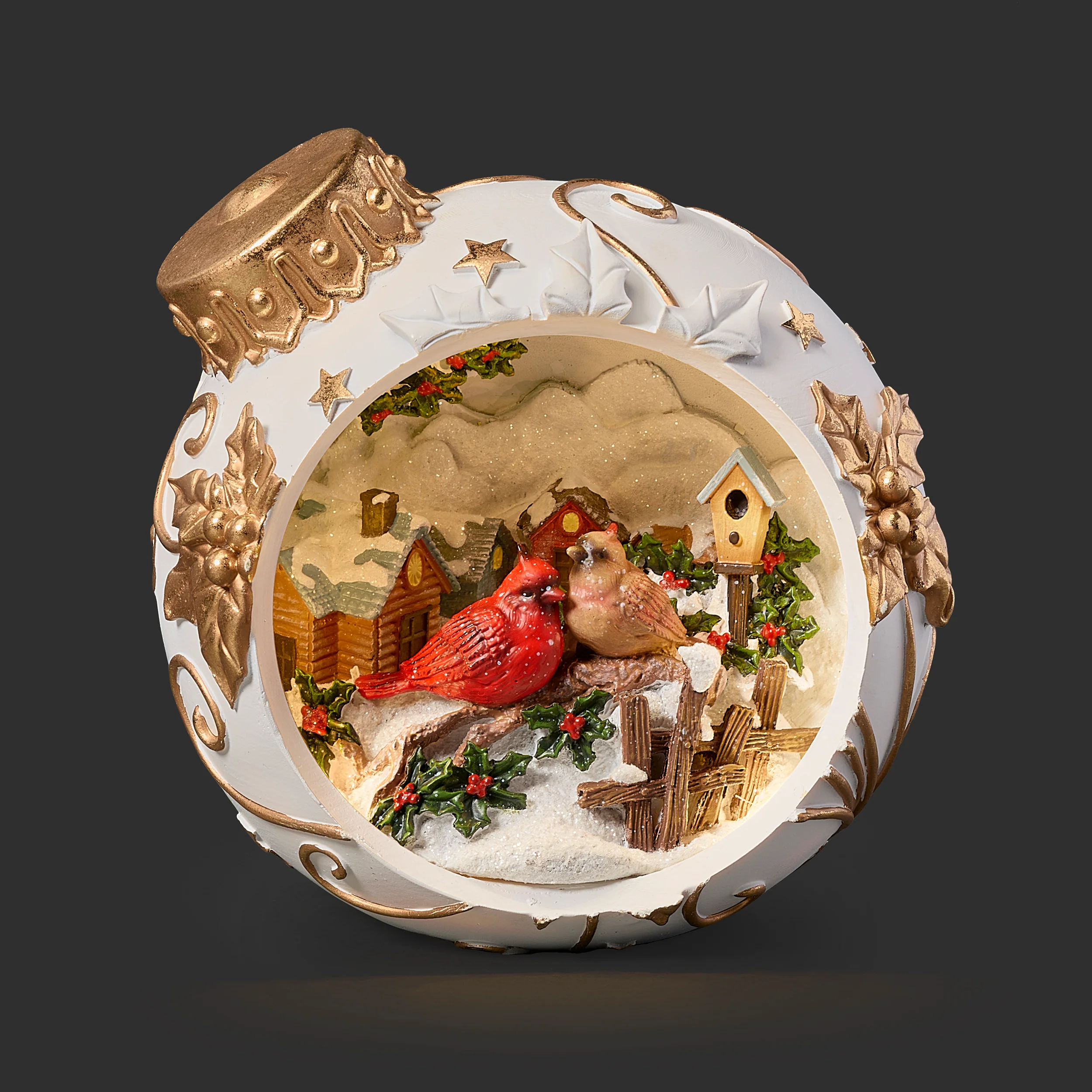Snowy Village Lighted Ornament with Cardinal Pair