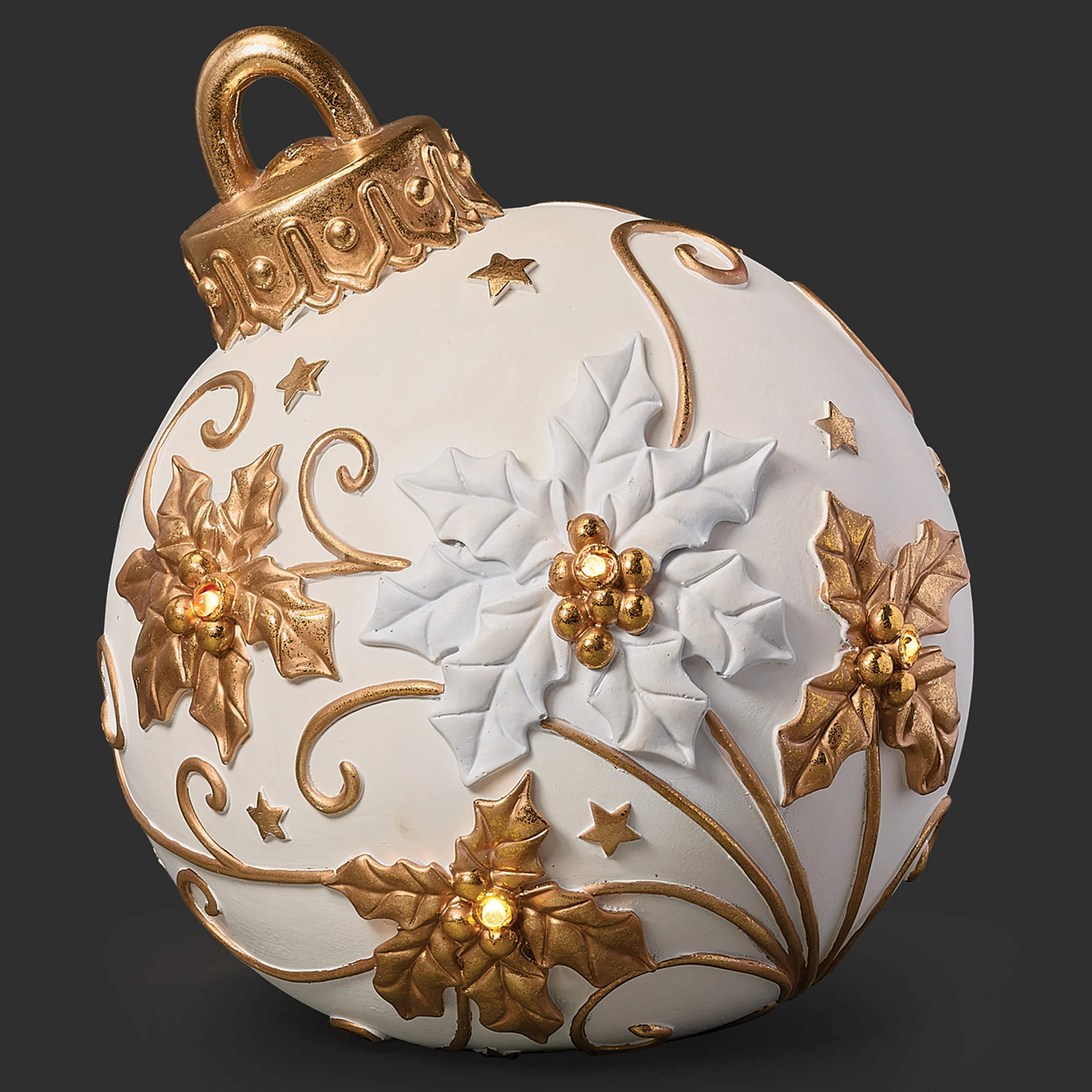 Elegant Lighted Ornament with White and Gold Poinsettias