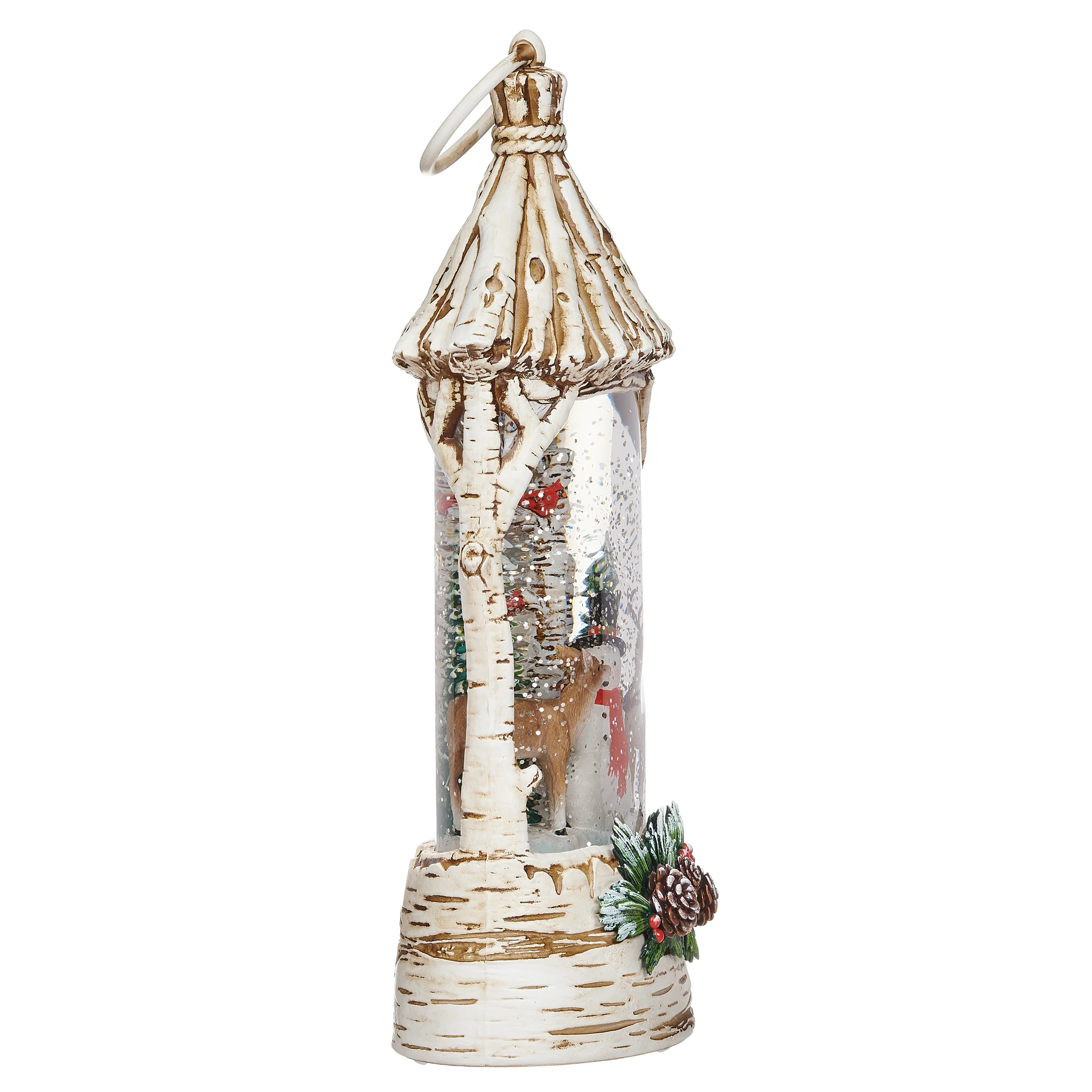 Lighted Swirl Birch-Look Lantern with Snowman and Deer Scene - Confetti Lites - Image 3