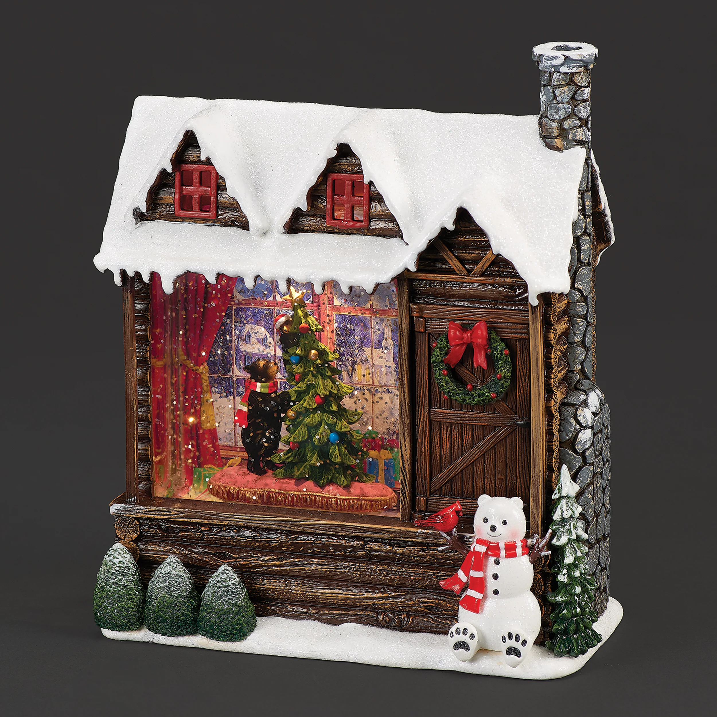 Confetti Lites Lighted Swirl Cabin with Bear Decorating Tree Scene