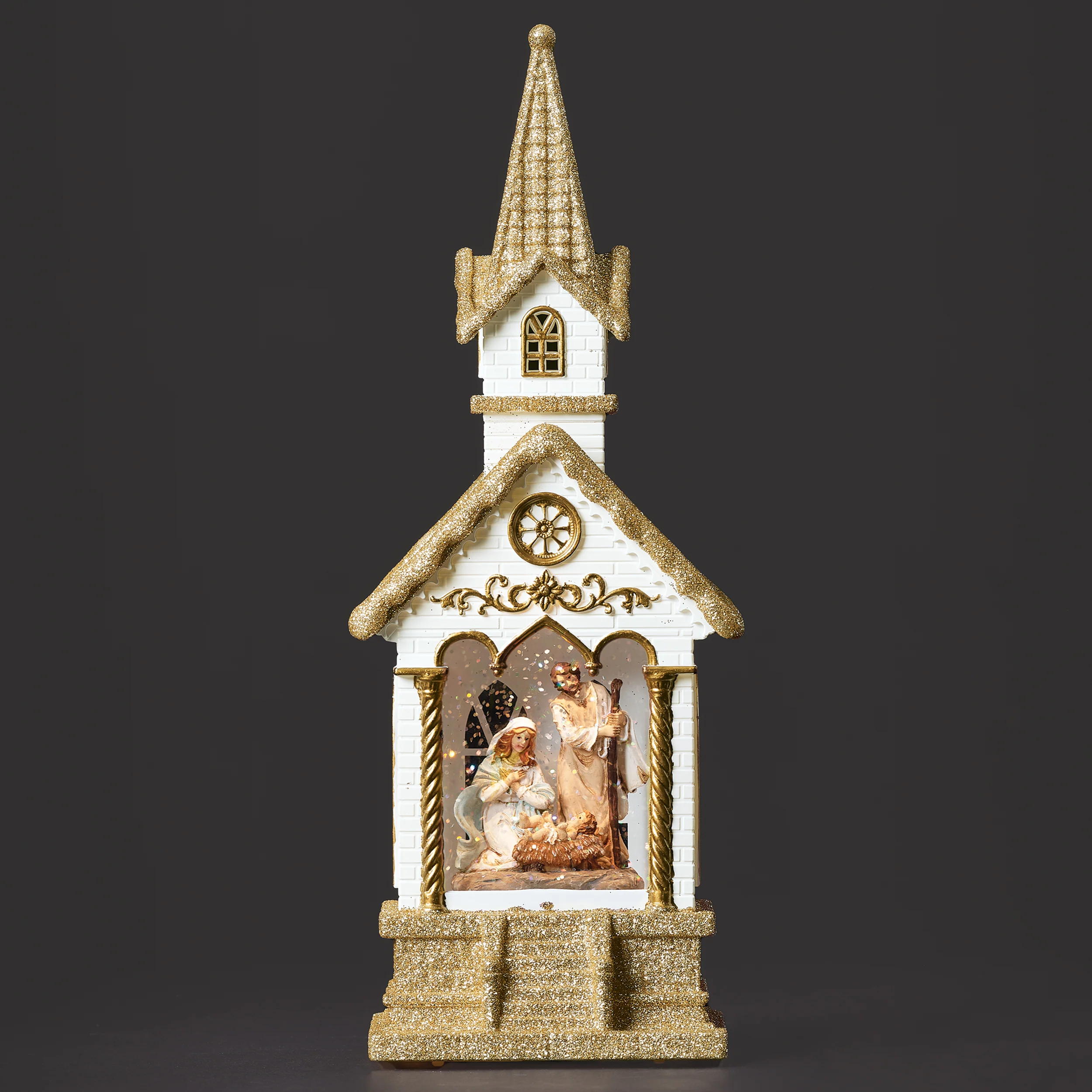 Confetti Lites Lighted Swirl White and Gold Church with Holy Family