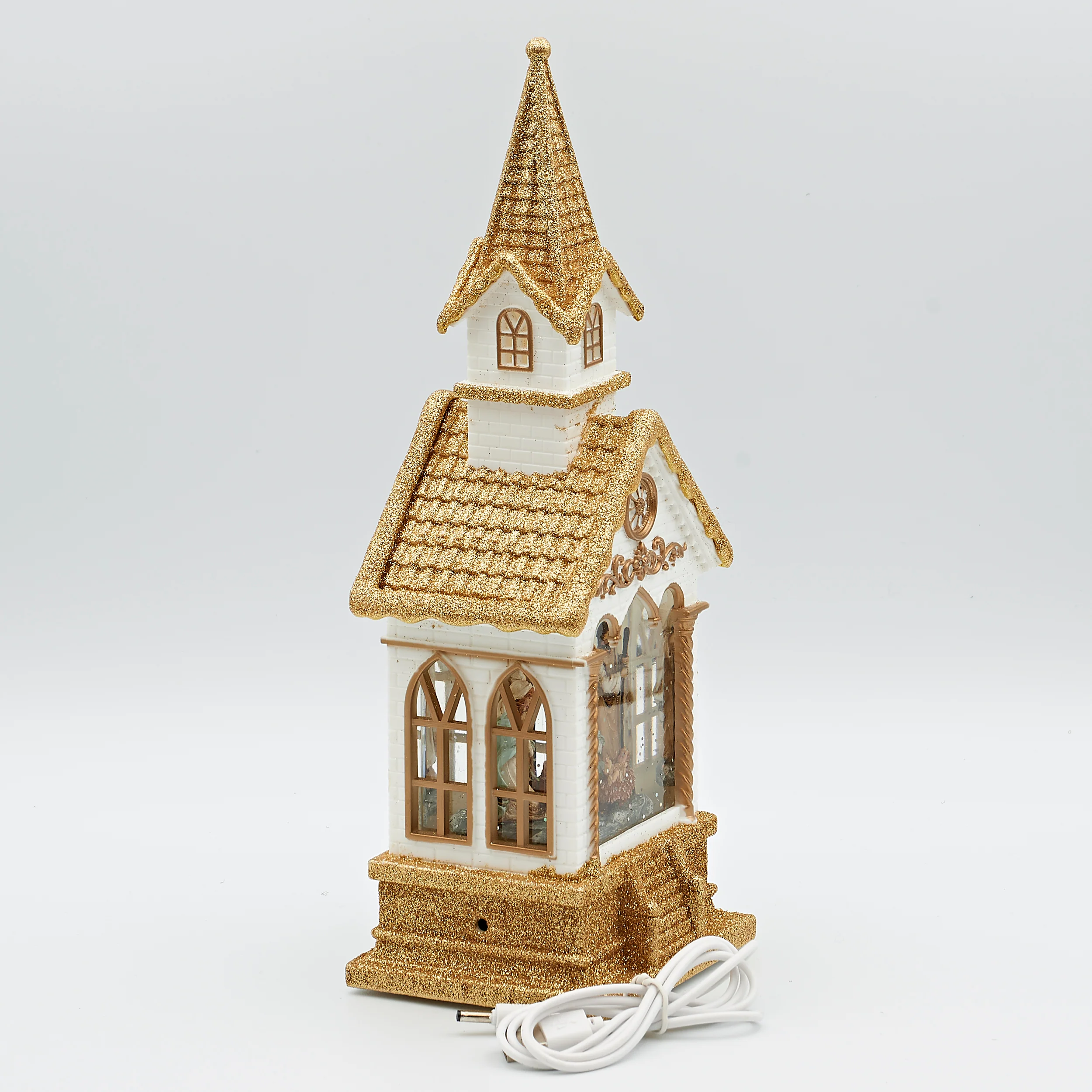 Confetti Lites Lighted Swirl White and Gold Church with Holy Family - Image 3