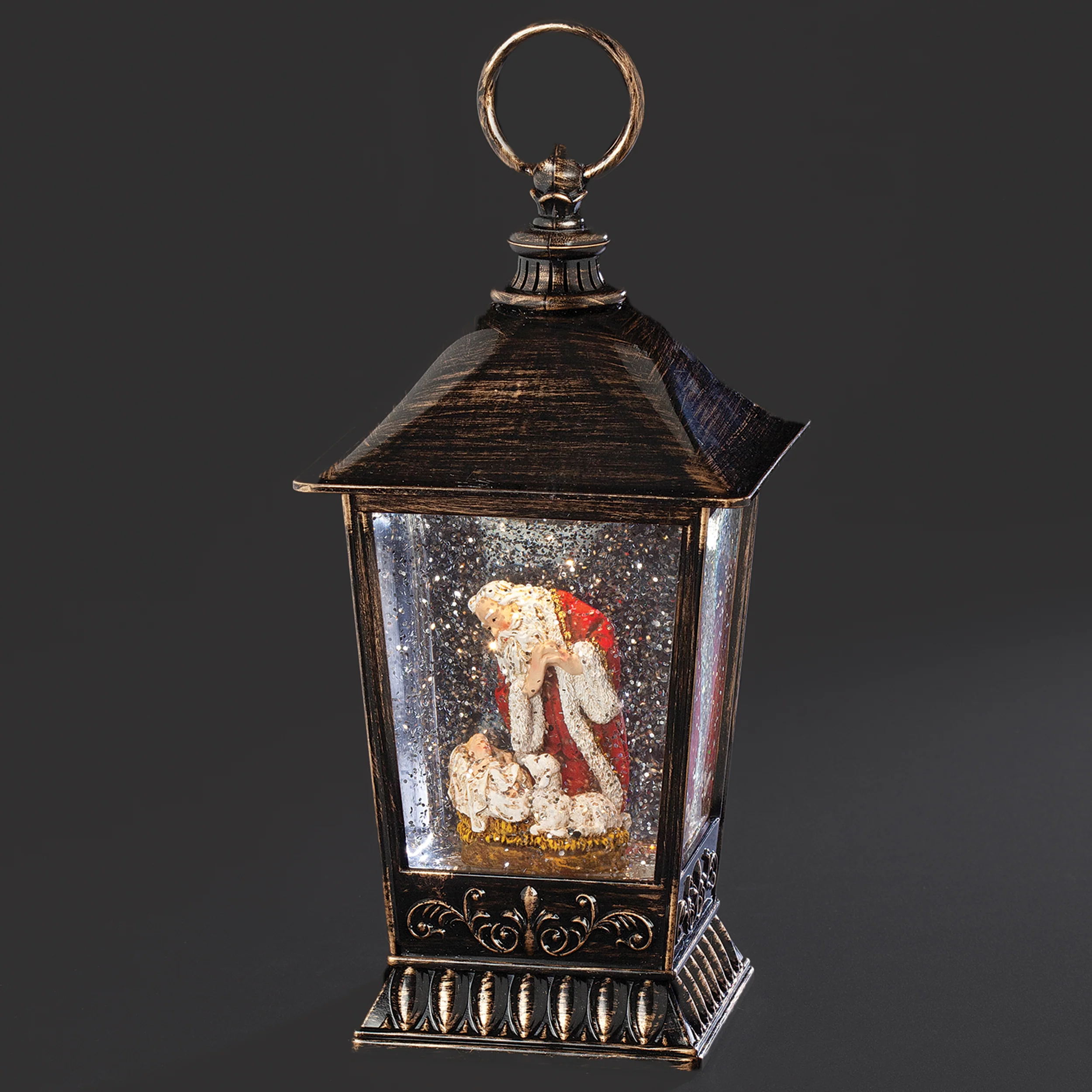 Kneeling Santa Lighted Swirl Bronze Lantern