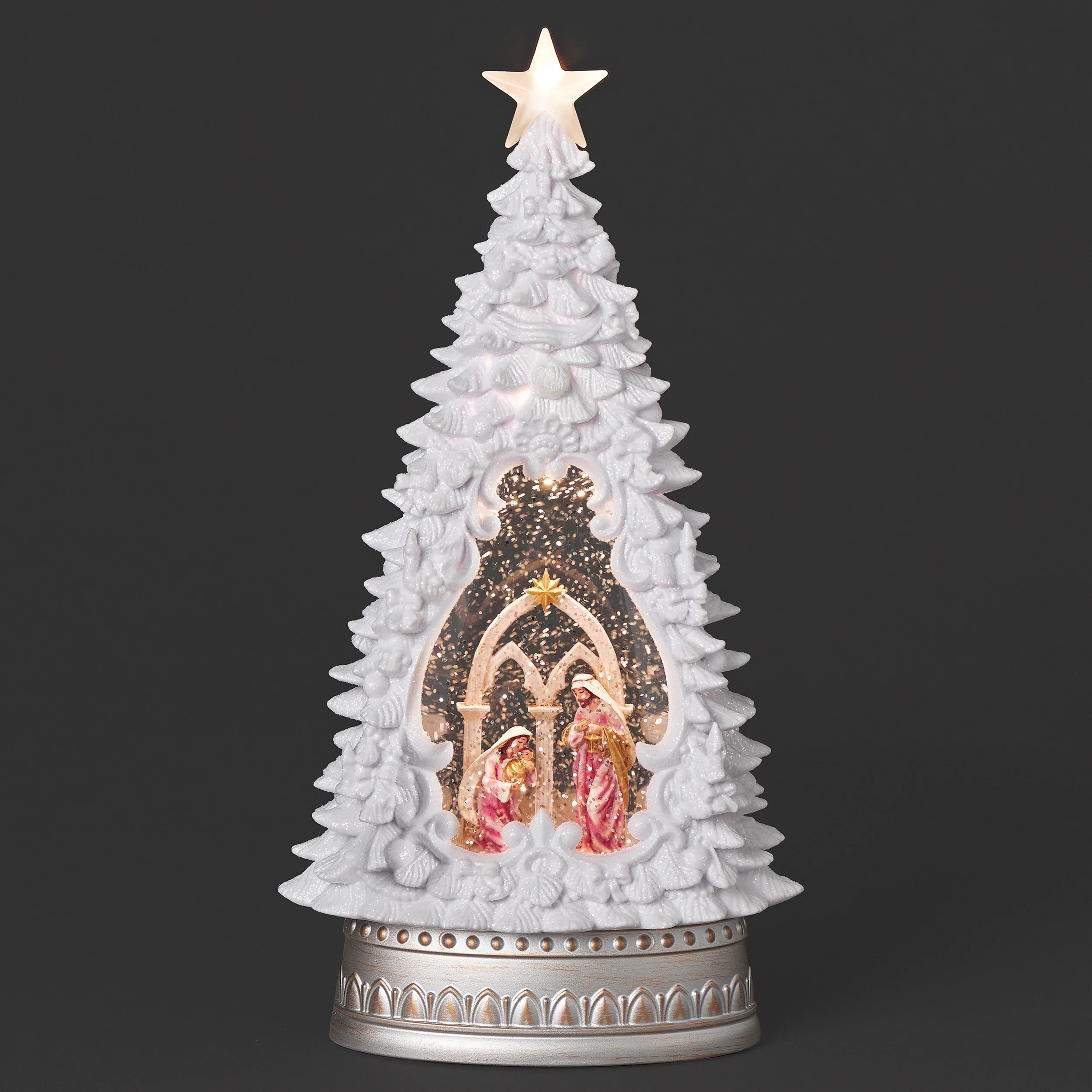 Lighted Swirl Nativity in White Christmas Tree