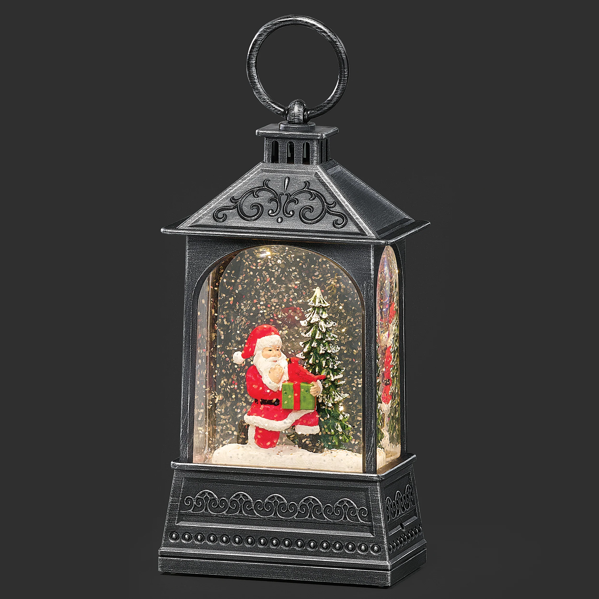 Confetti Lites Lighted Swirl Vintage Black Lantern with Santa & Cardinal