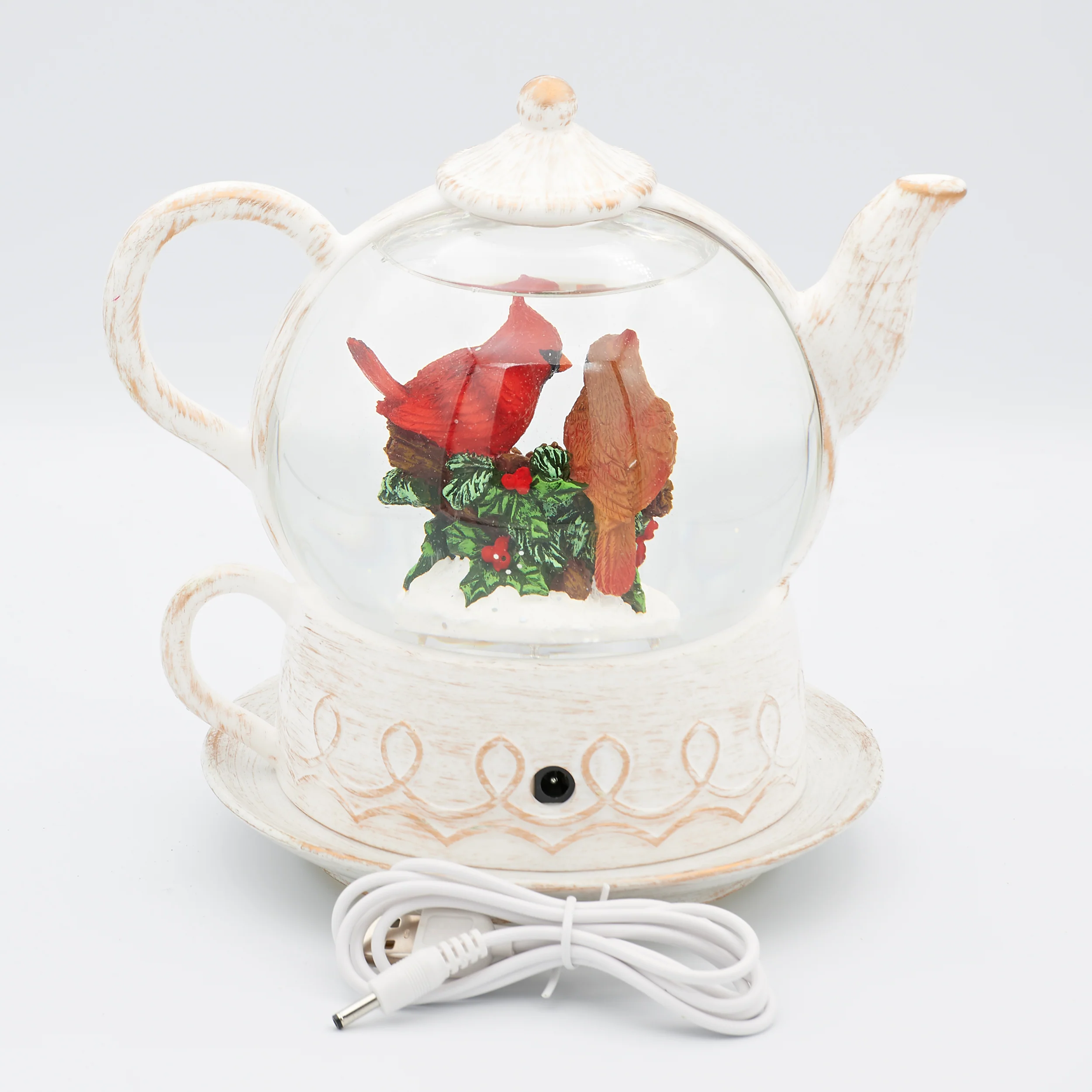 Confetti Lites Lighted Swirl Teapot with Cardinal, Holly & Pine - Image 3