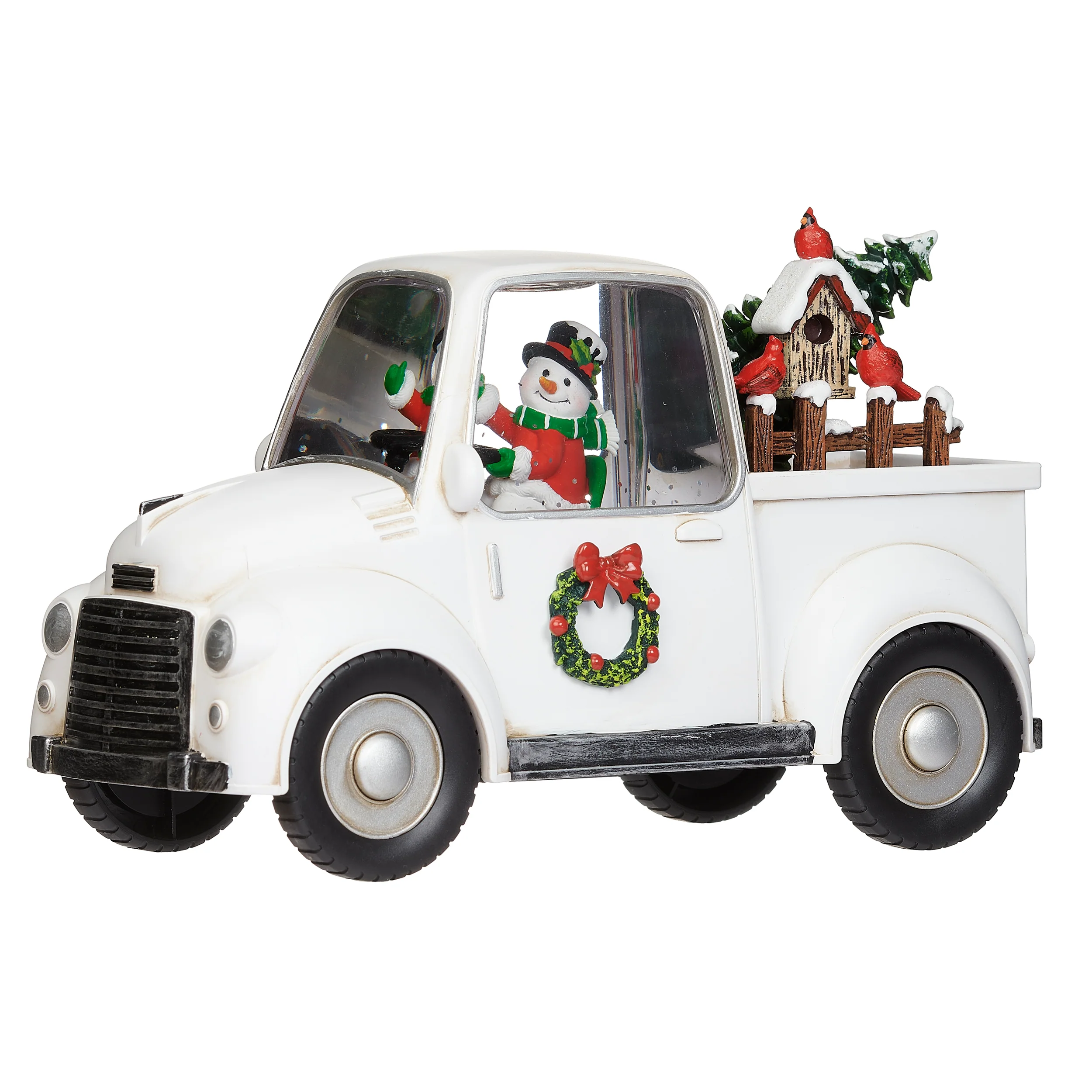 Confetti Lites Lighted Swirl White Truck with Snowman Driving & Cardinals on a Tree - Image 2