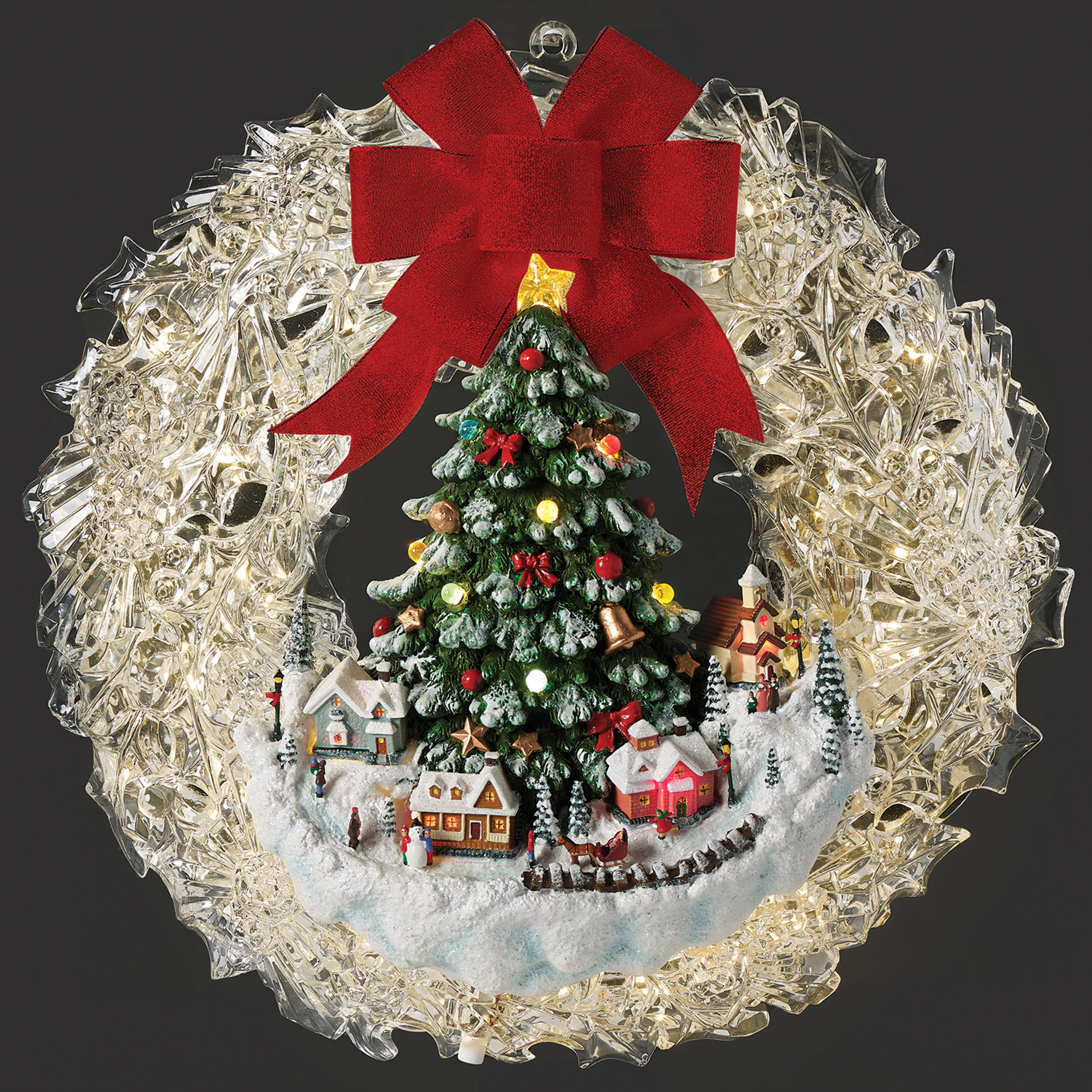Lighted Wreath with Tree and Christmas Village