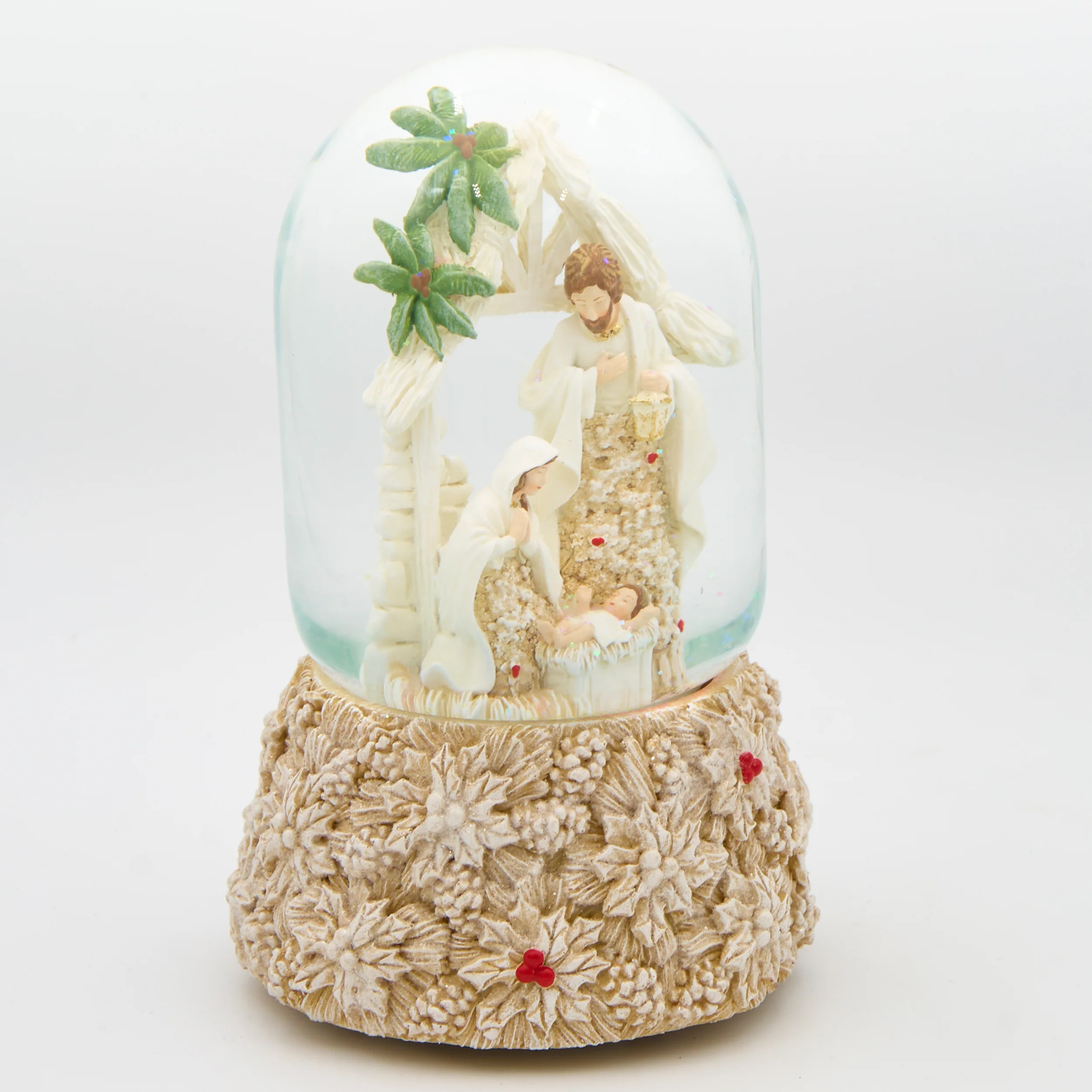 Glitterdome Holy Family with Poinsettia Accents - "Silent Night" Tune - Image 2