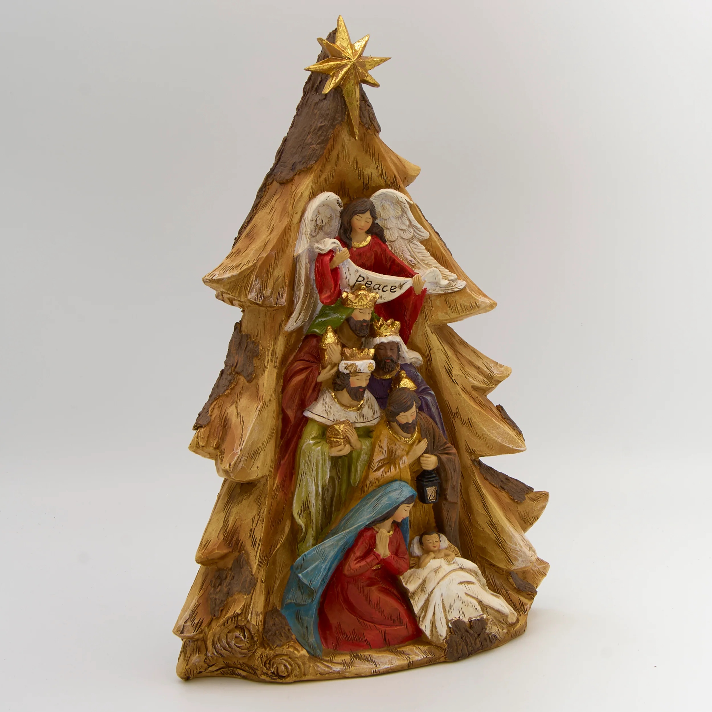 Nativity Scene in Carved Tree with Star Topper - Image 2