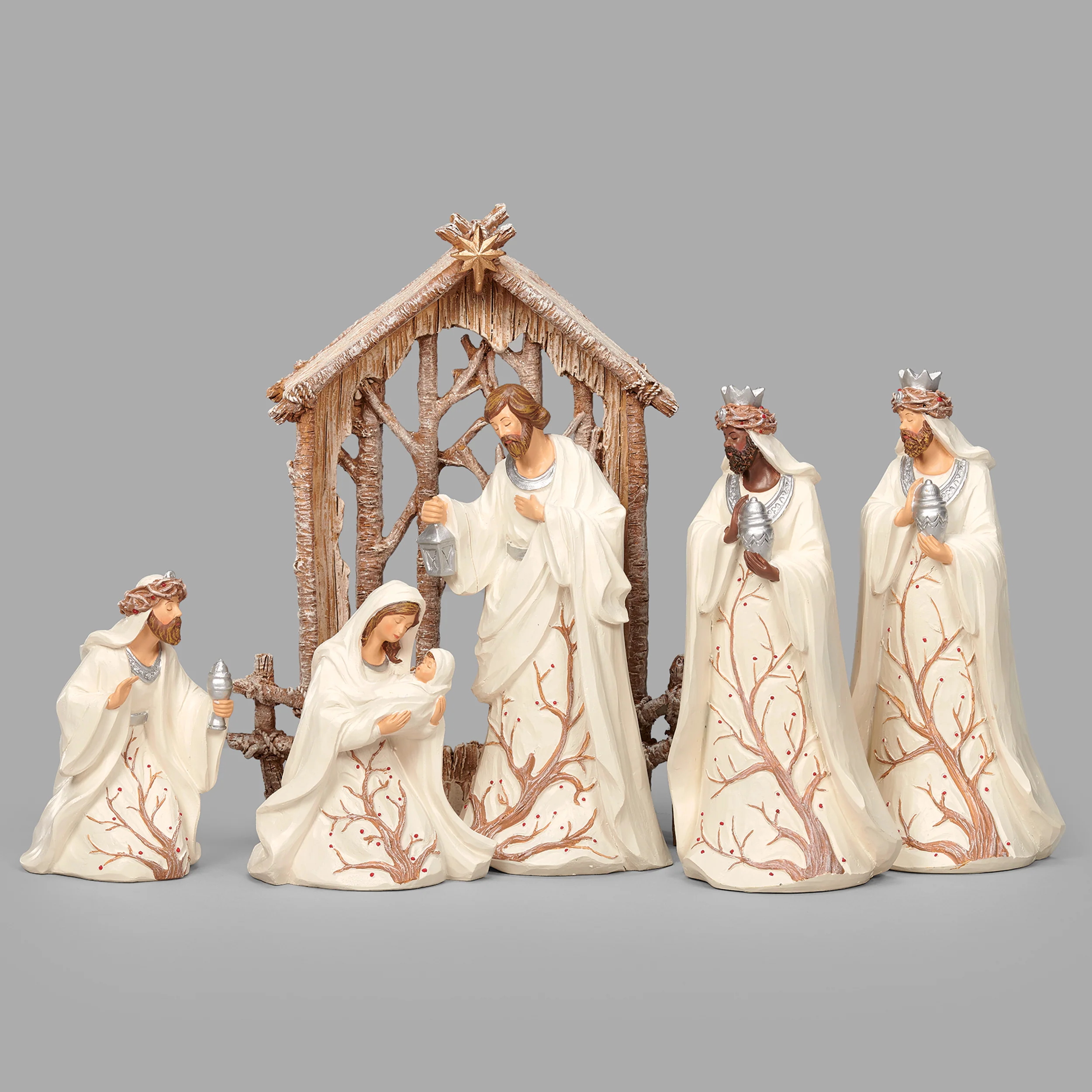Ivory Berry Branch Nativity Set with Backdrop