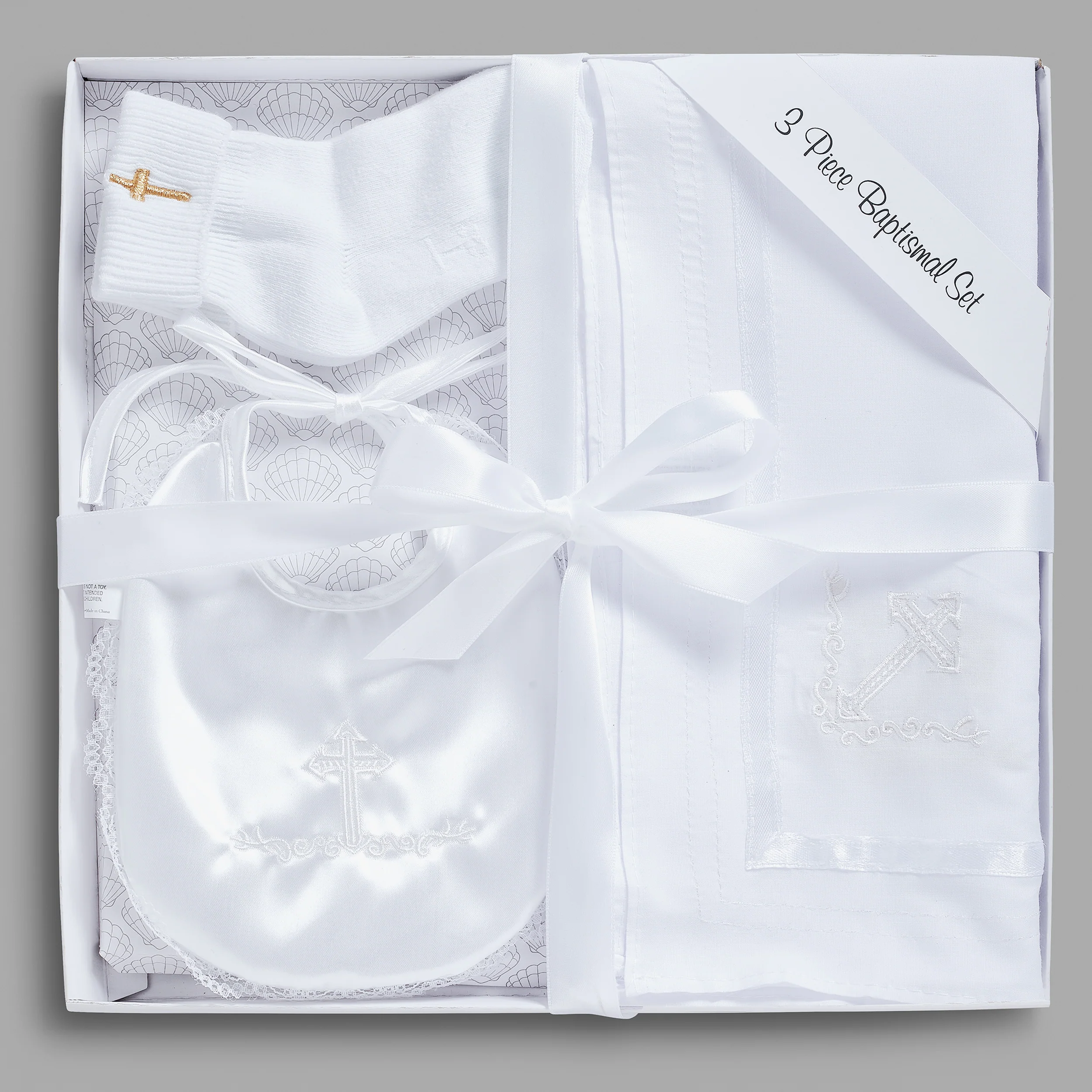 White Baptism Gift Set with Cross Embroidery