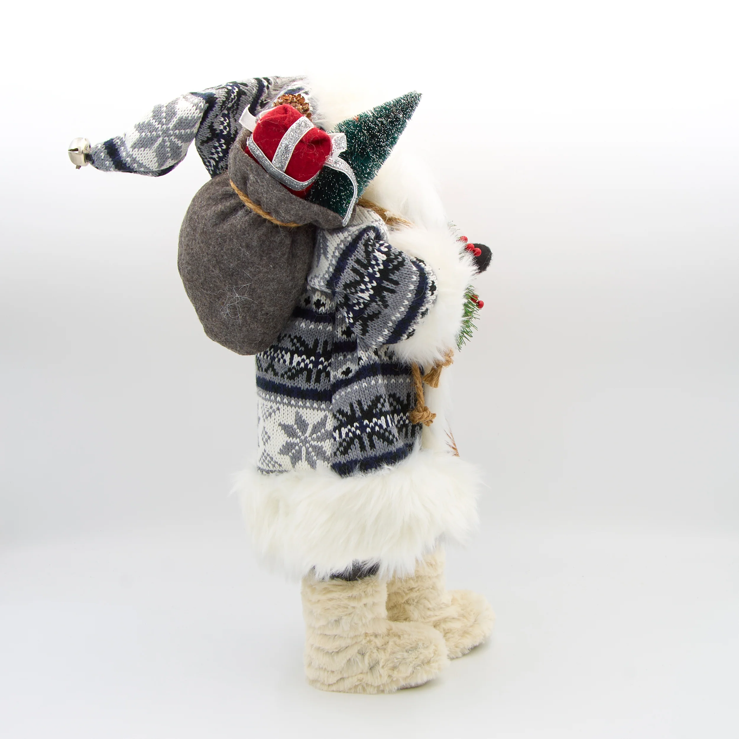 White & Grey Santa Figure with Skis in Knit Coat - Image 2