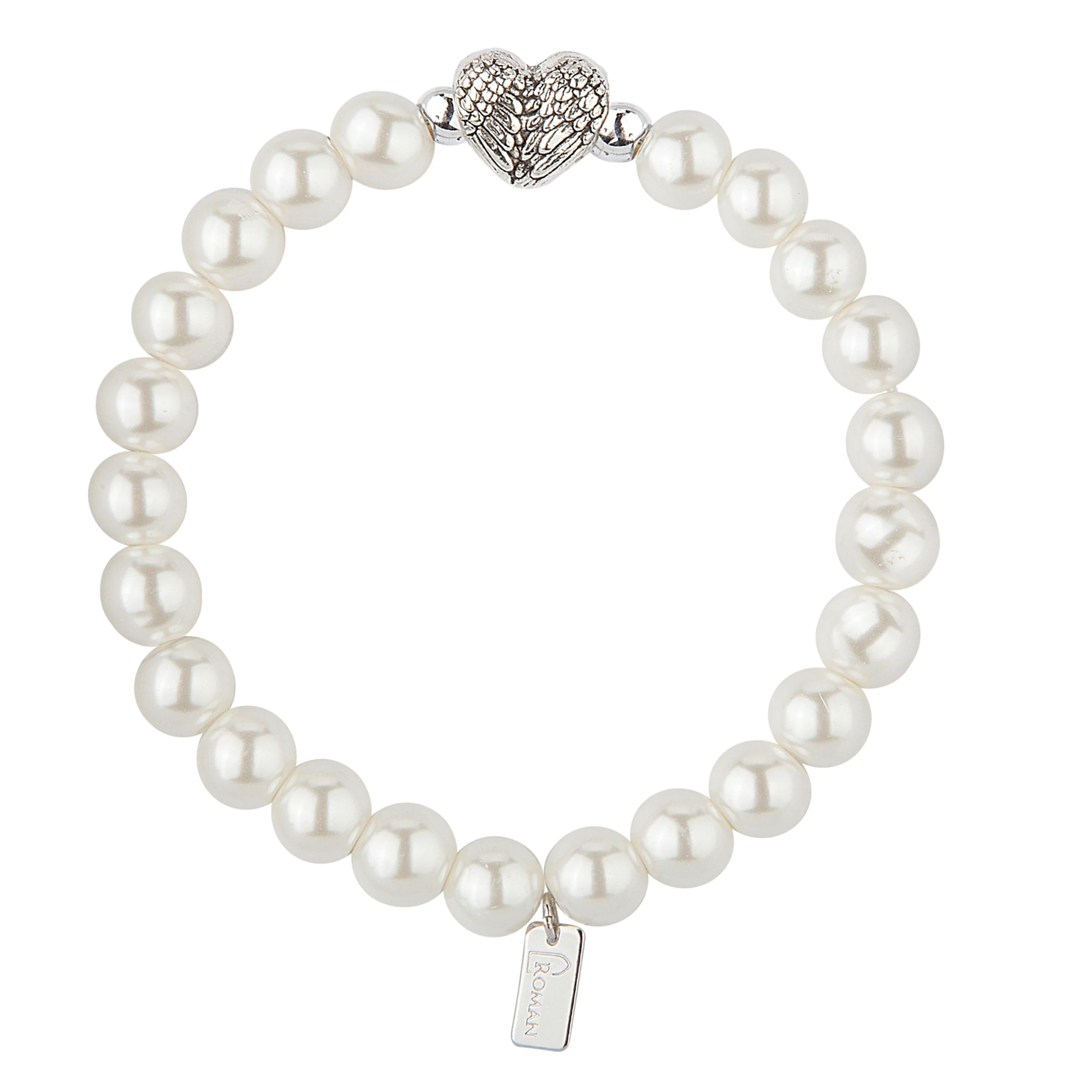 "Mother of" Elegant White Faux Pearl & Heart Charm Strecth Bracelet