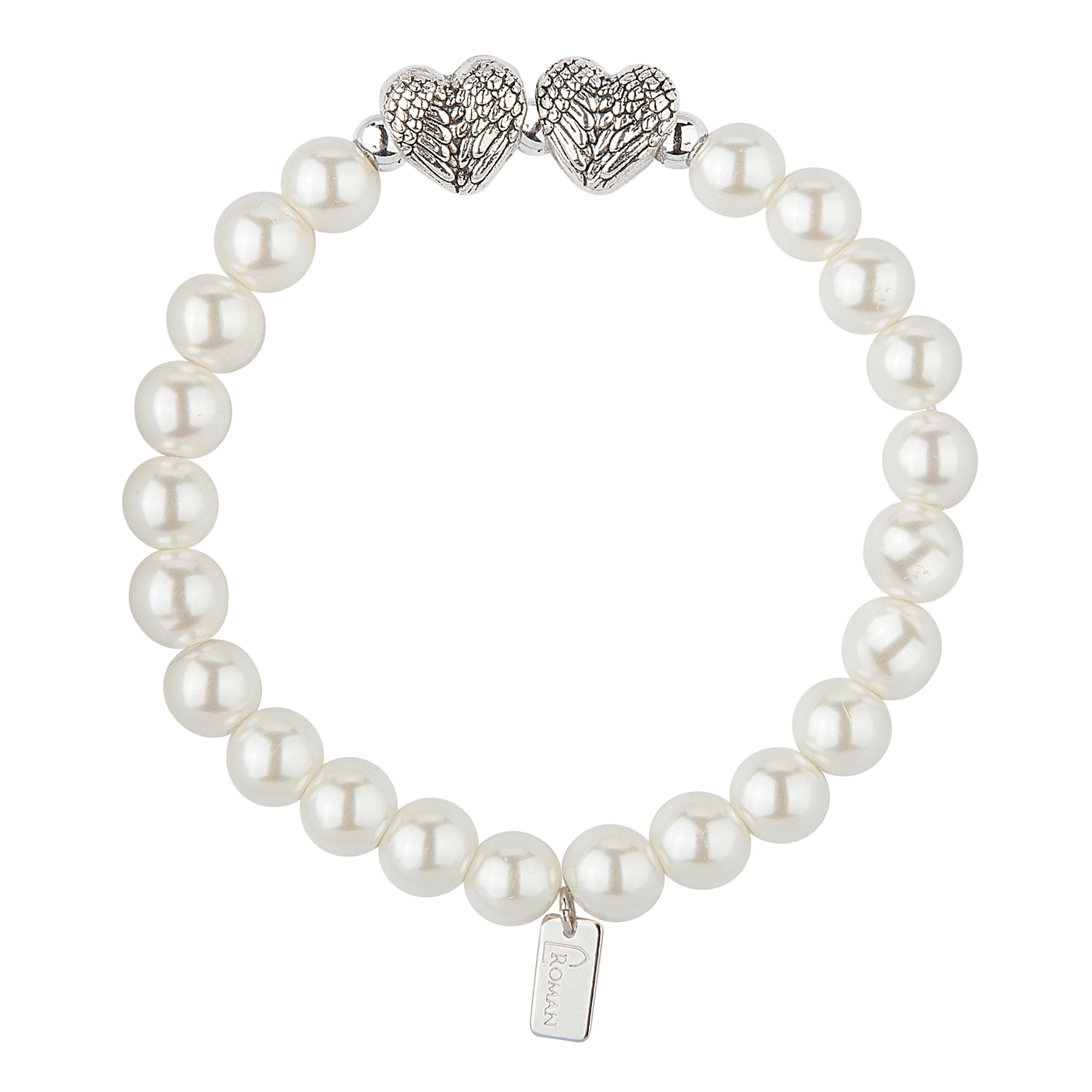 "Mother of" Elegant White Faux Pearl & Heart Charm Strecth Bracelet - Image 2